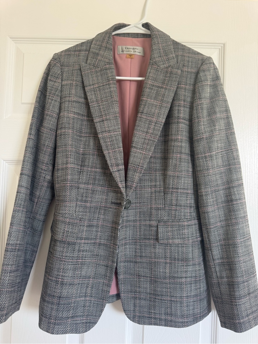 Tahari Gray Plaid Blazer with Pink Lining